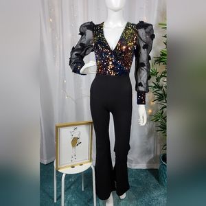 Black Iridescent Sequins Fit & Flare Jumpsuit